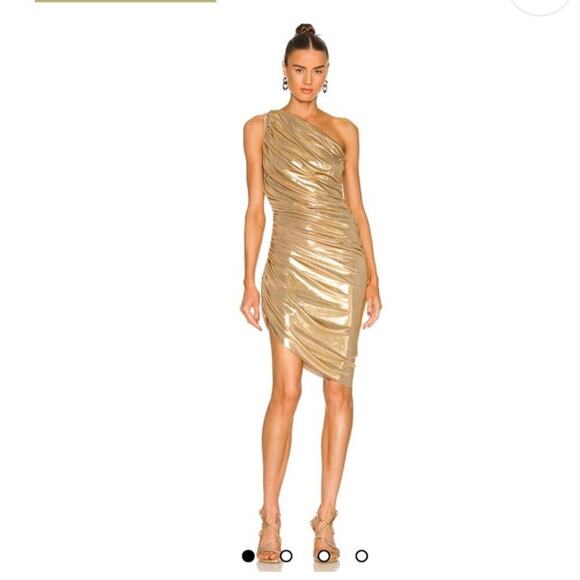 Norma Kamali Diana Mini Dress Pleated Metallic One Shoulder Gold Size XXS NWOT